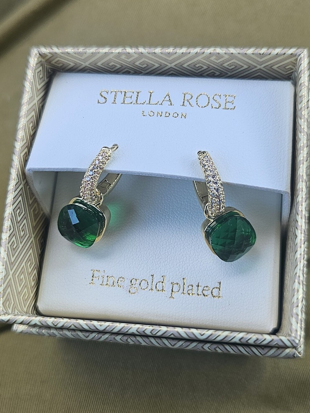 NIB Stella Rose Emerald Green Gold-Plated Crystal Drop Earrings
